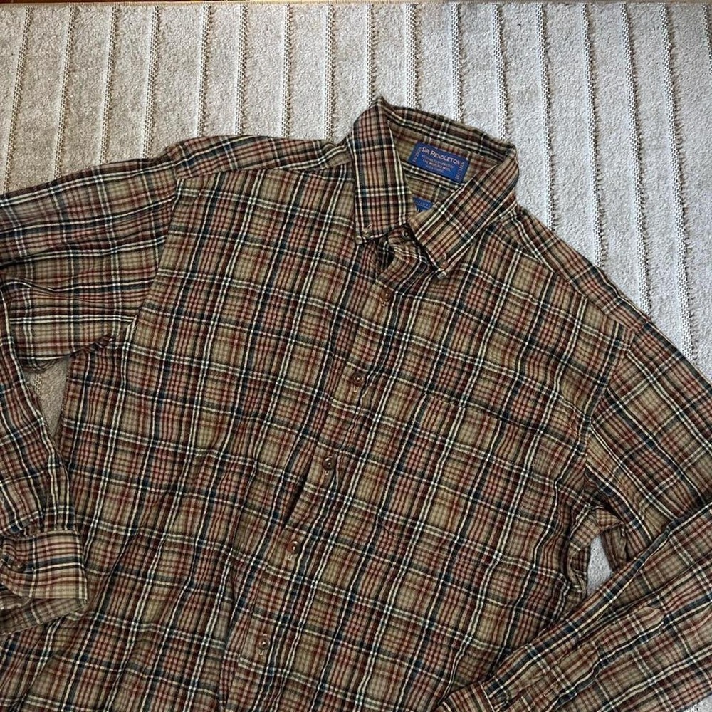 VTG 90s PENDLETON Shirt Mens Medium Brown Plaid 100% Wool Hike Trail Outdoor